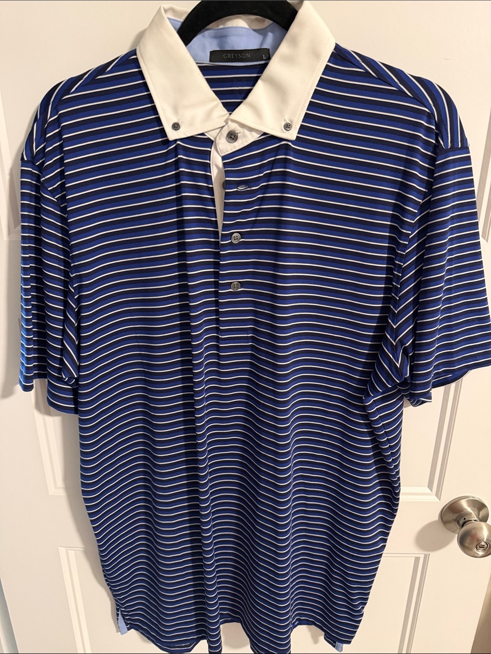 Greyson Blue Striped Polo with White Contrast Collar